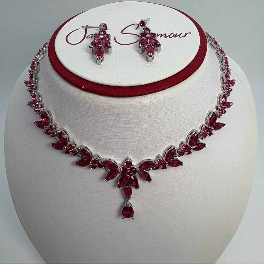 Ruby Red Cubic Zirconia Flower Teardrop Lariat Necklace And Earrings